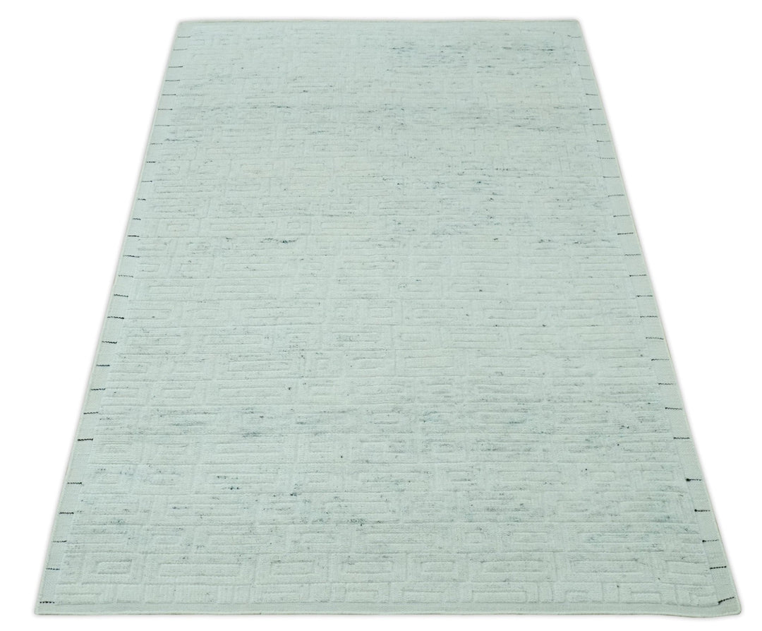 Carved Texture Modern Geometrical Design Custom Made Ivory and Light Blue Wool Area Rug - The Rug Decor