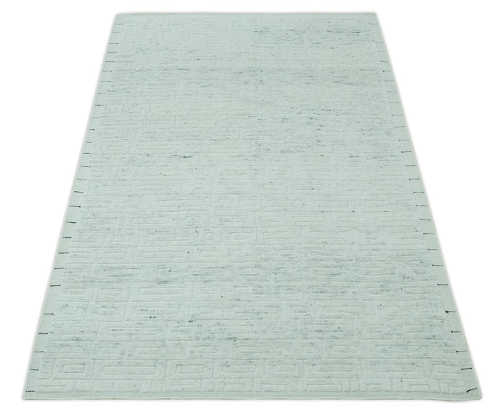 Carved Texture Modern Geometrical Design Custom Made Ivory and Light Blue Wool Area Rug - The Rug Decor