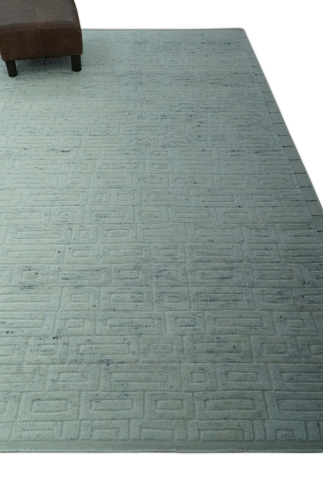 Carved Texture Modern Geometrical Design Custom Made Ivory and Light Blue Wool Area Rug - The Rug Decor