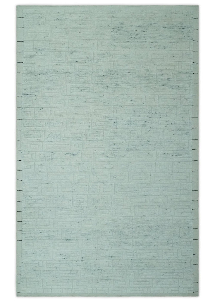 Carved Texture Modern Geometrical Design Custom Made Ivory and Light Blue Wool Area Rug - The Rug Decor