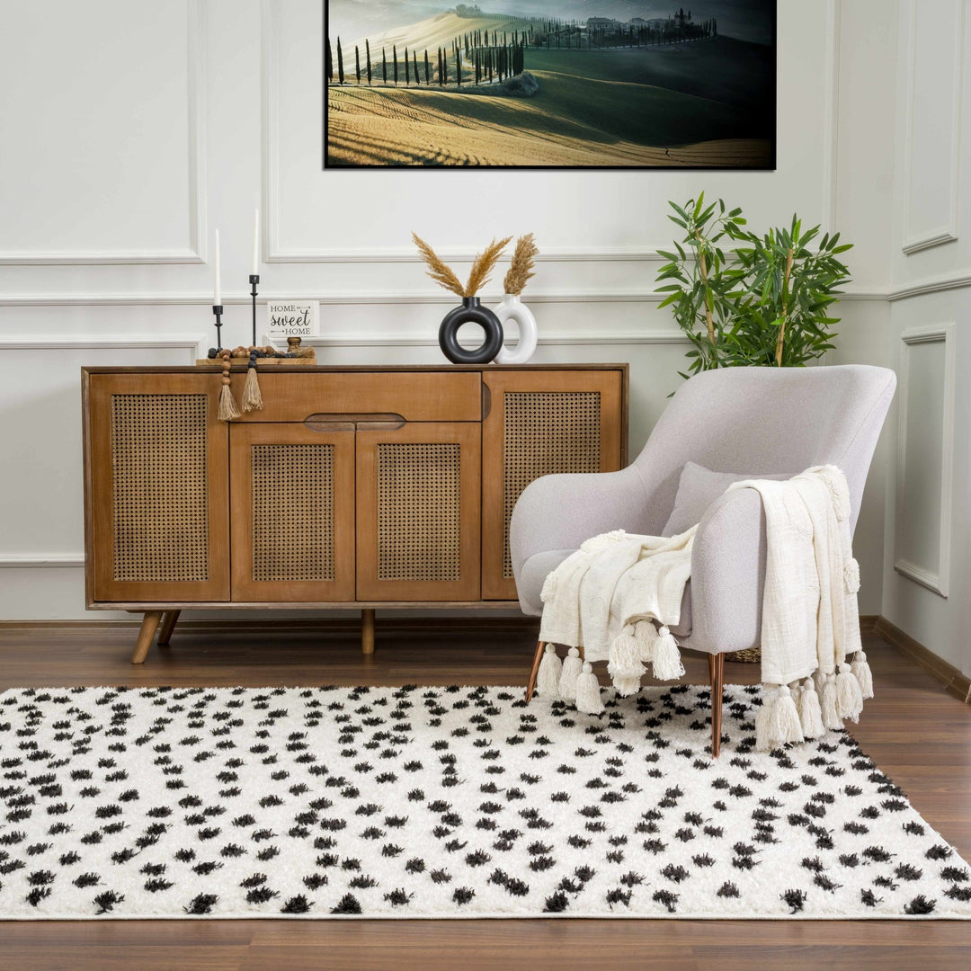 Chaia Dotted Contemporary Ivory and Black Plush Pile Area Rug - The Rug Decor