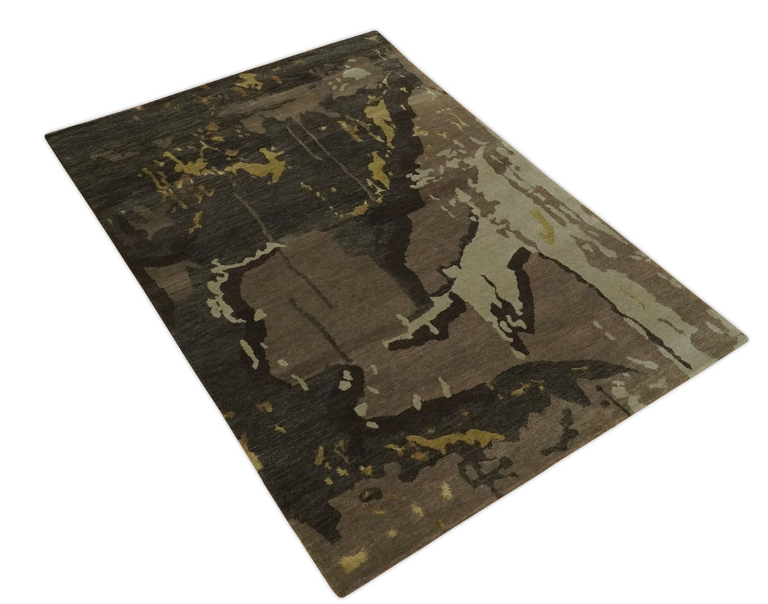 Charcoal, Brown, Beige and Olive Modern Abstract Hand loom 5x6.6 Wool And Art Silk Area Rug - The Rug Decor