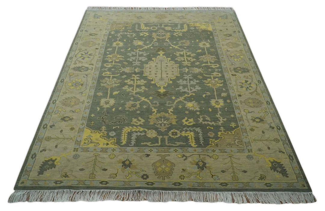 Charcoal, Olive and Mustard Hand knotted Oriental Oushak Custom Made wool Area Rug - The Rug Decor