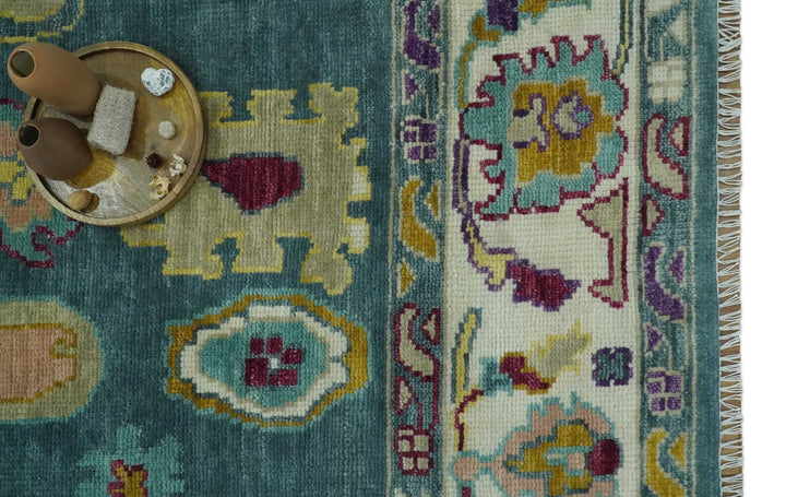 Colorful Teal, Ivory, Purple and Mustard Hand Knotted Traditional Oushak 8x10 wool Area Rug - The Rug Decor