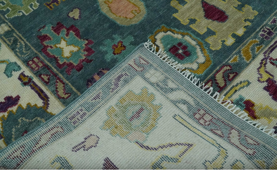 Colorful Teal, Ivory, Purple and Mustard Hand Knotted Traditional Oushak 8x10 wool Area Rug - The Rug Decor