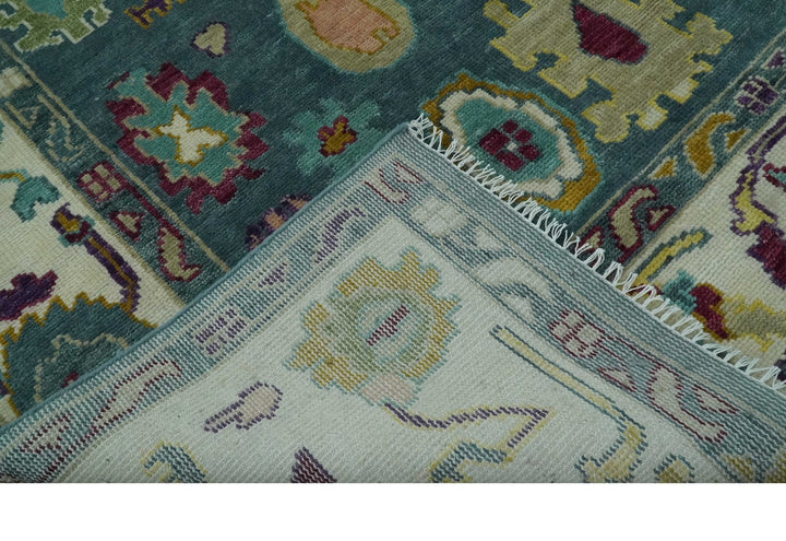 Colorful Teal, Ivory, Purple and Mustard Hand Knotted Traditional Oushak 8x10 wool Area Rug - The Rug Decor