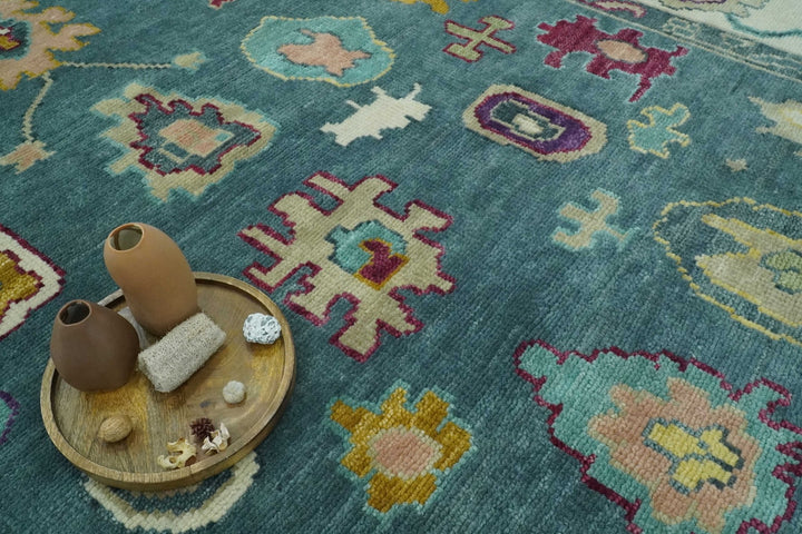 Colorful Teal, Ivory, Purple and Mustard Hand Knotted Traditional Oushak 8x10 wool Area Rug - The Rug Decor