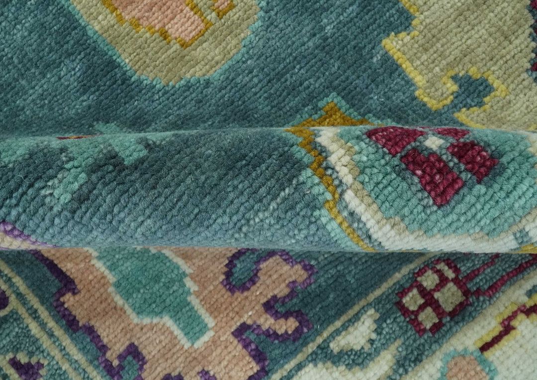 Colorful Teal, Ivory, Purple and Mustard Hand Knotted Traditional Oushak 8x10 wool Area Rug - The Rug Decor