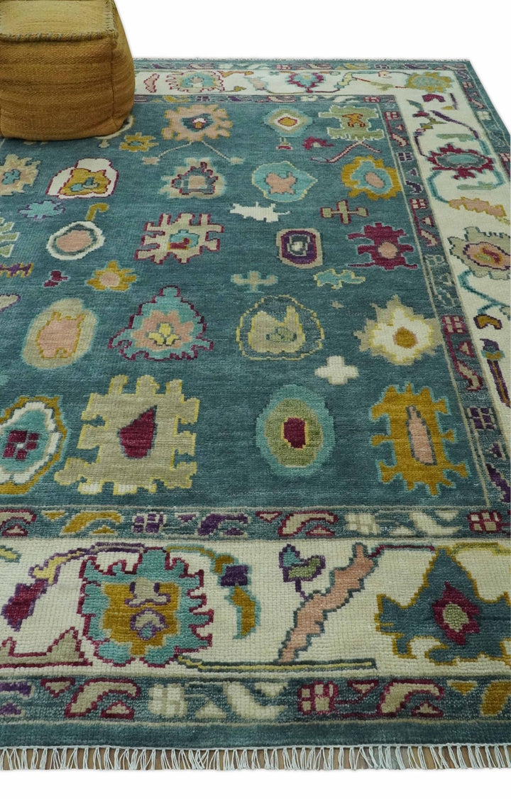 Colorful Teal, Ivory, Purple and Mustard Hand Knotted Traditional Oushak 8x10 wool Area Rug - The Rug Decor