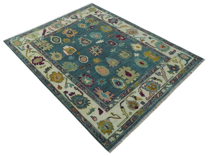 Colorful Teal, Ivory, Purple and Mustard Hand Knotted Traditional Oushak 8x10 wool Area Rug - The Rug Decor
