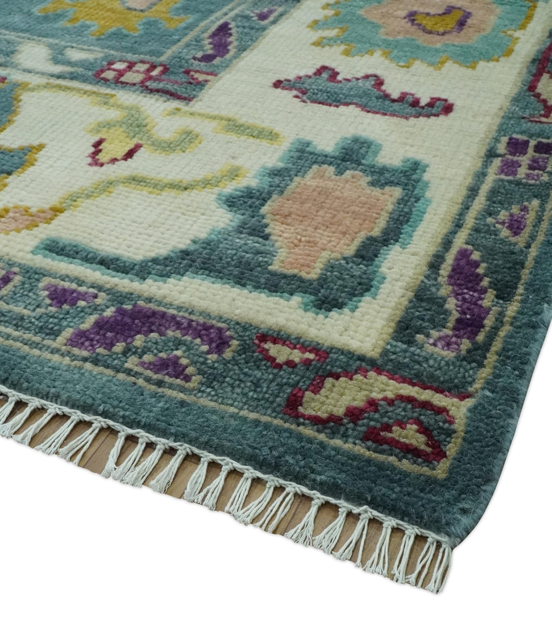 Colorful Teal, Ivory, Purple and Mustard Hand Knotted Traditional Oushak 8x10 wool Area Rug - The Rug Decor
