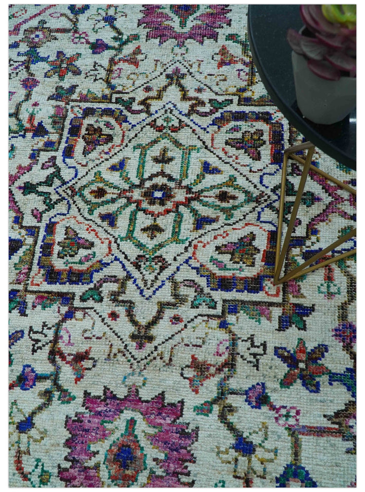 Colorful Traditional Serapi Design Ivory And Beige Hand Knotted 8x10 Wool Area Rug - The Rug Decor
