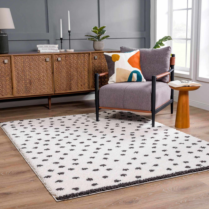 Contemporary Modern Chaia Dotted Black and Ivory Plush Pile Rug - The Rug Decor