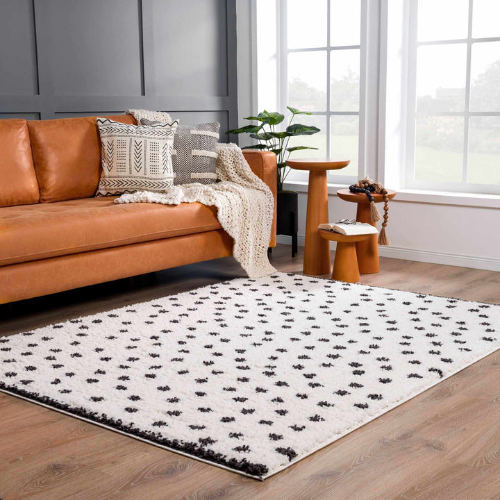 Contemporary Modern Chaia Dotted Black and Ivory Plush Pile Rug - The Rug Decor