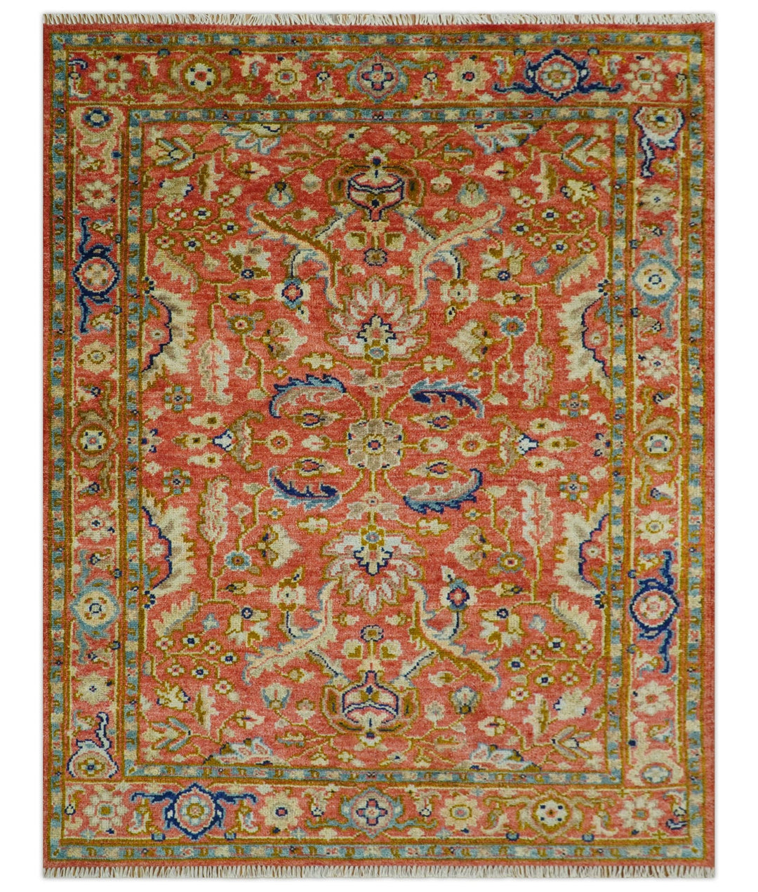 Custom Made Antique Floral Style Rust, Teal, Ivory and Olive Hand Knotted Oriental Oushak Wool Area Rug - The Rug Decor