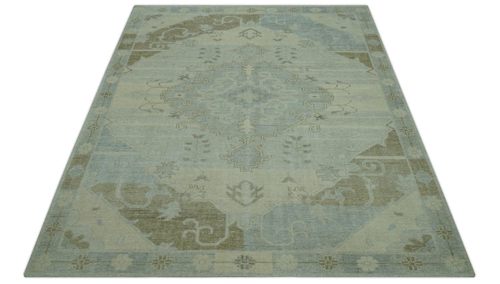 Custom Made Beige And Blue Traditional Turkish Design Hand knotted Wool Rug - The Rug Decor