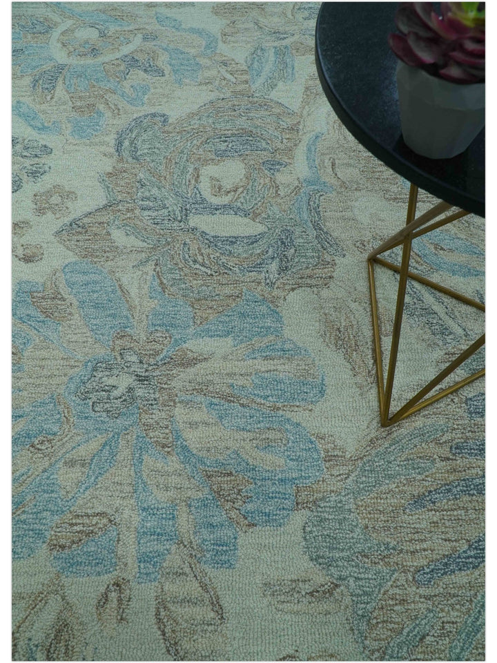 Custom Made Beige And Brown Traditional Floral Pattern Hand Tufted Wool Area Rug - The Rug Decor