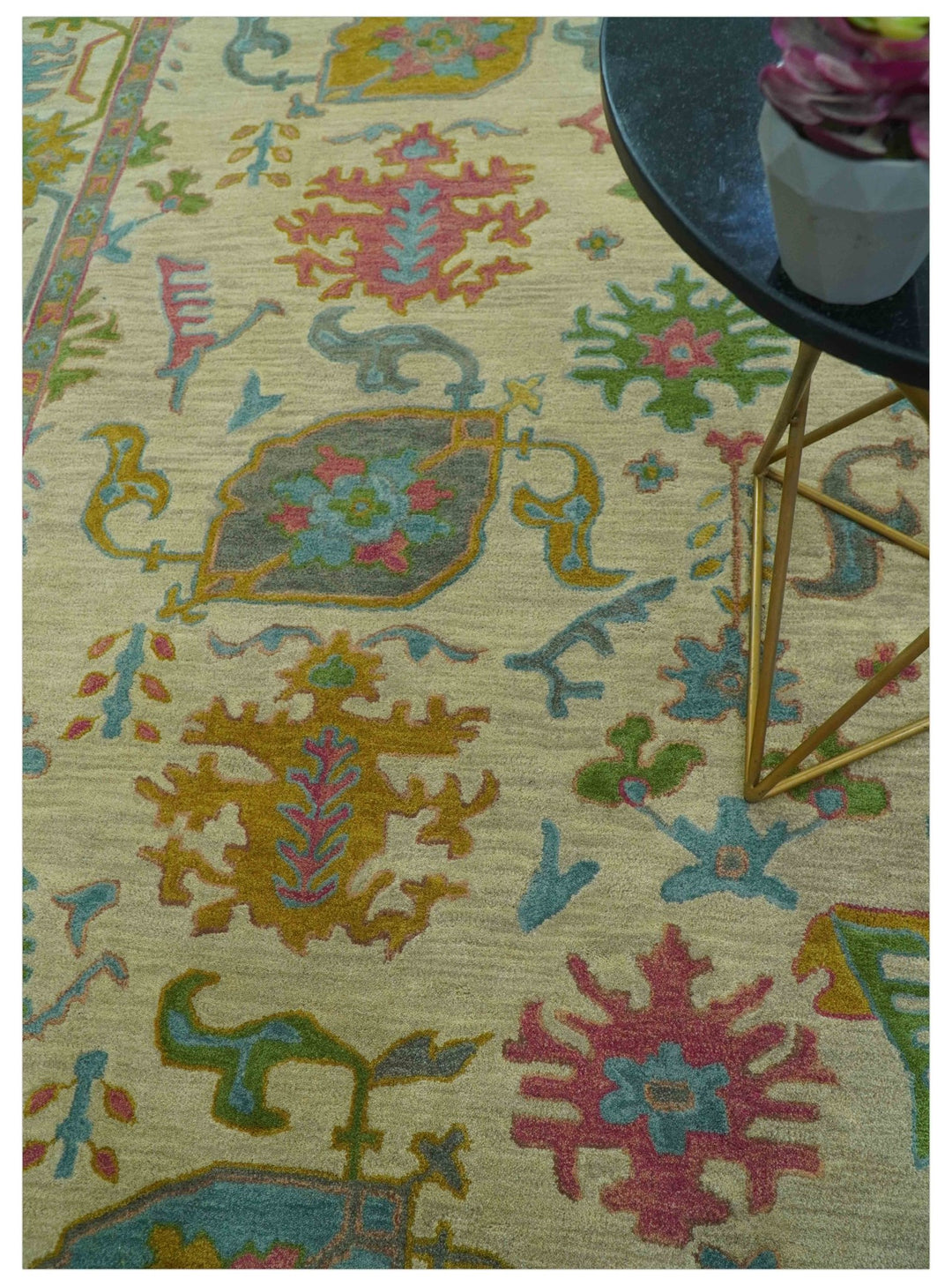 Custom Made Beige And Green Traditional Oushak Design Hand Tufted Wool Rug - The Rug Decor