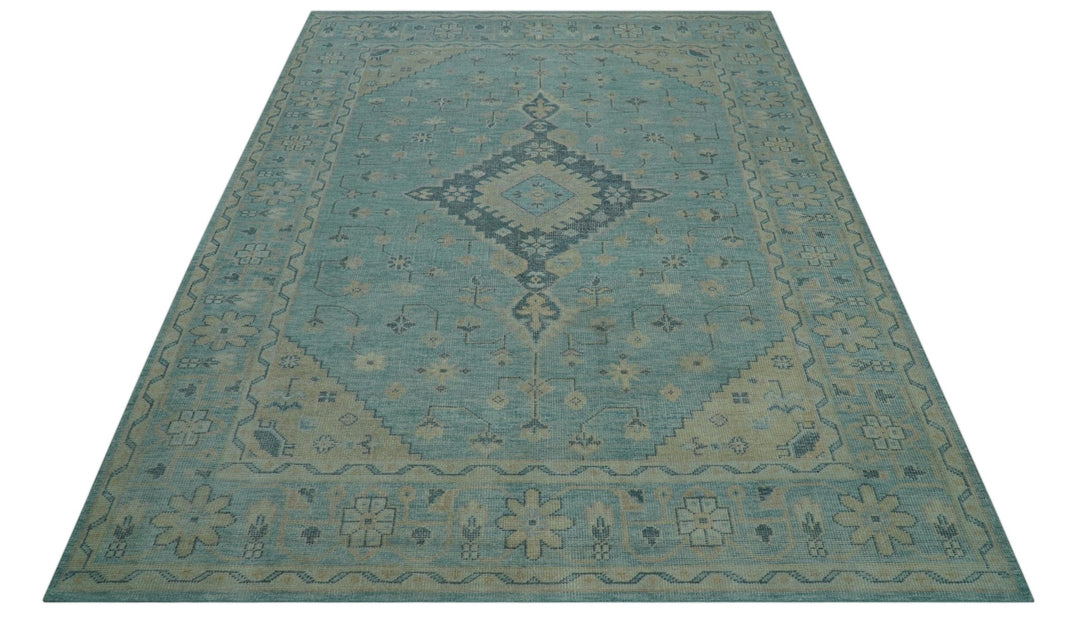 Custom Made Blue And Beige Turkish Design Hand knotted Wool Area Rug - The Rug Decor