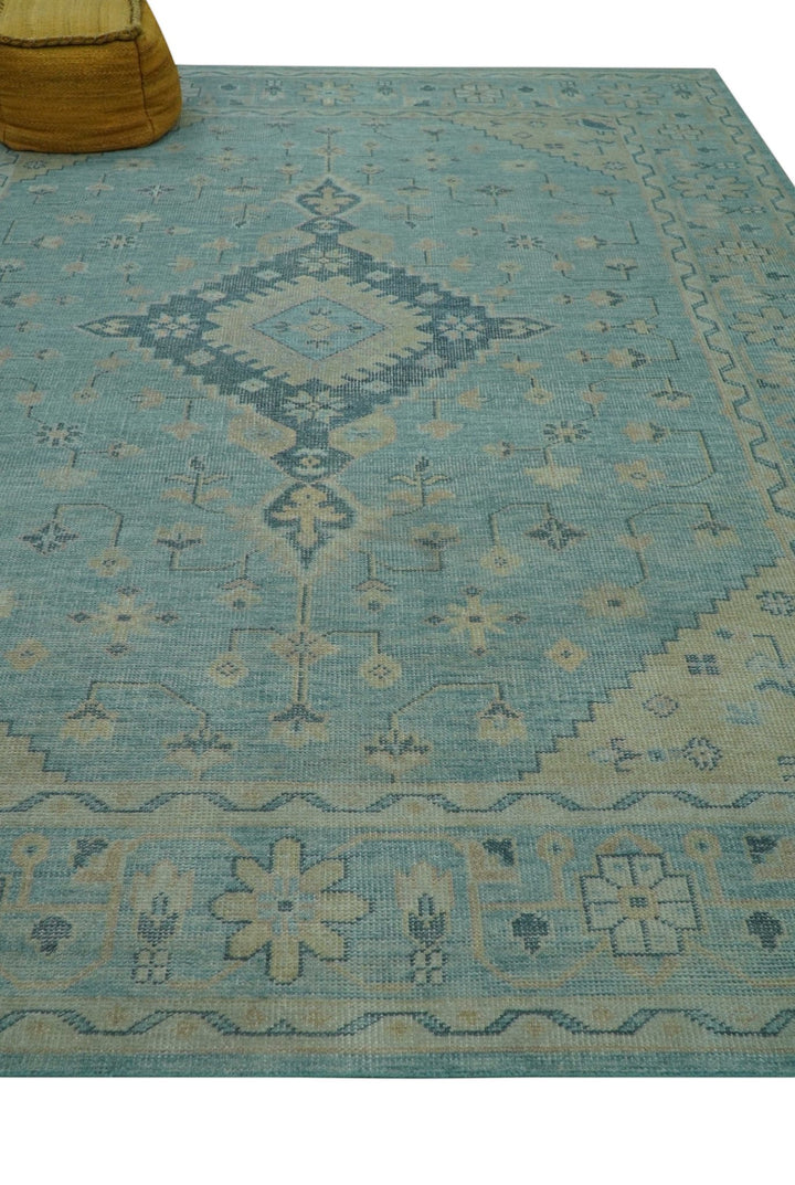 Custom Made Blue And Beige Turkish Design Hand knotted Wool Area Rug - The Rug Decor