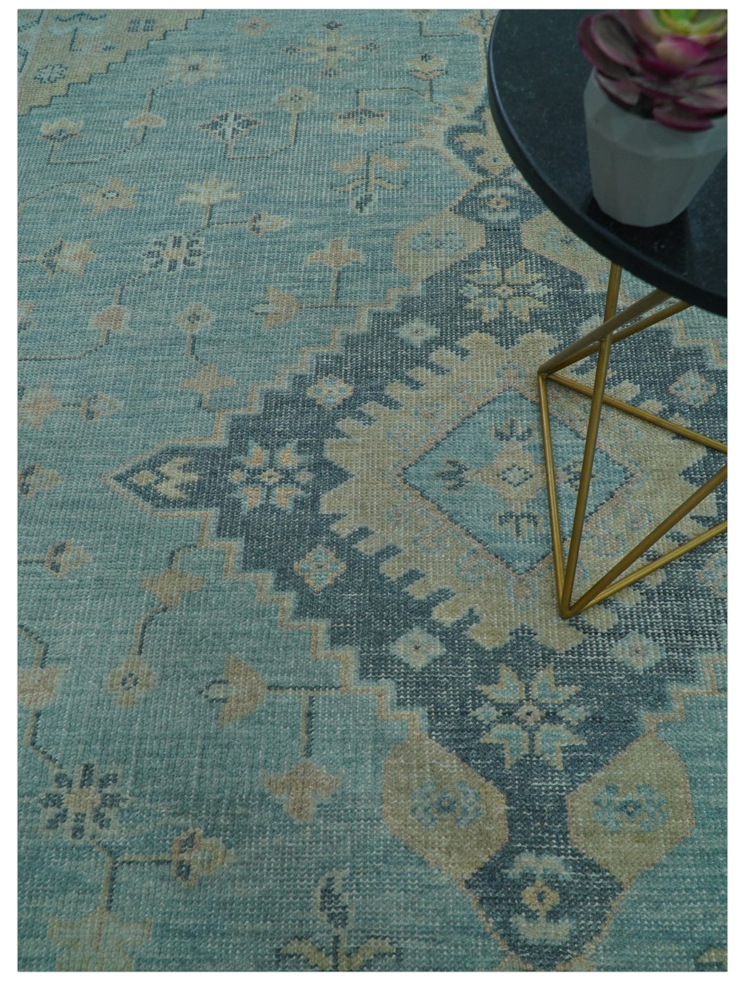 Custom Made Blue And Beige Turkish Design Hand knotted Wool Area Rug - The Rug Decor