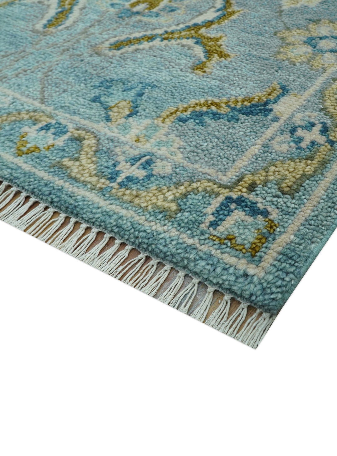 Custom Made Blue And Olive Traditional Oriental Design Hand knotted Wool Area Rug - The Rug Decor