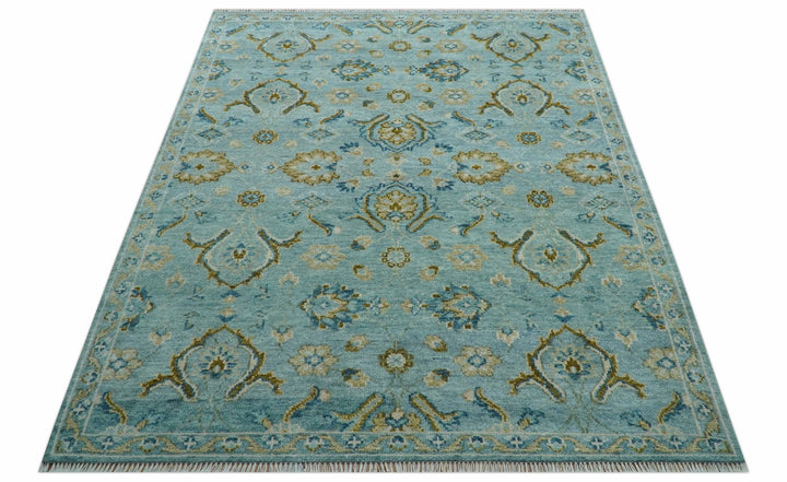 Custom Made Blue And Olive Traditional Oriental Design Hand knotted Wool Area Rug - The Rug Decor