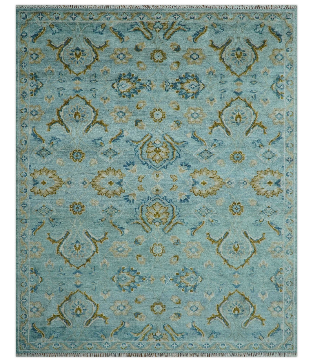 Custom Made Blue And Olive Traditional Oriental Design Hand knotted Wool Area Rug - The Rug Decor