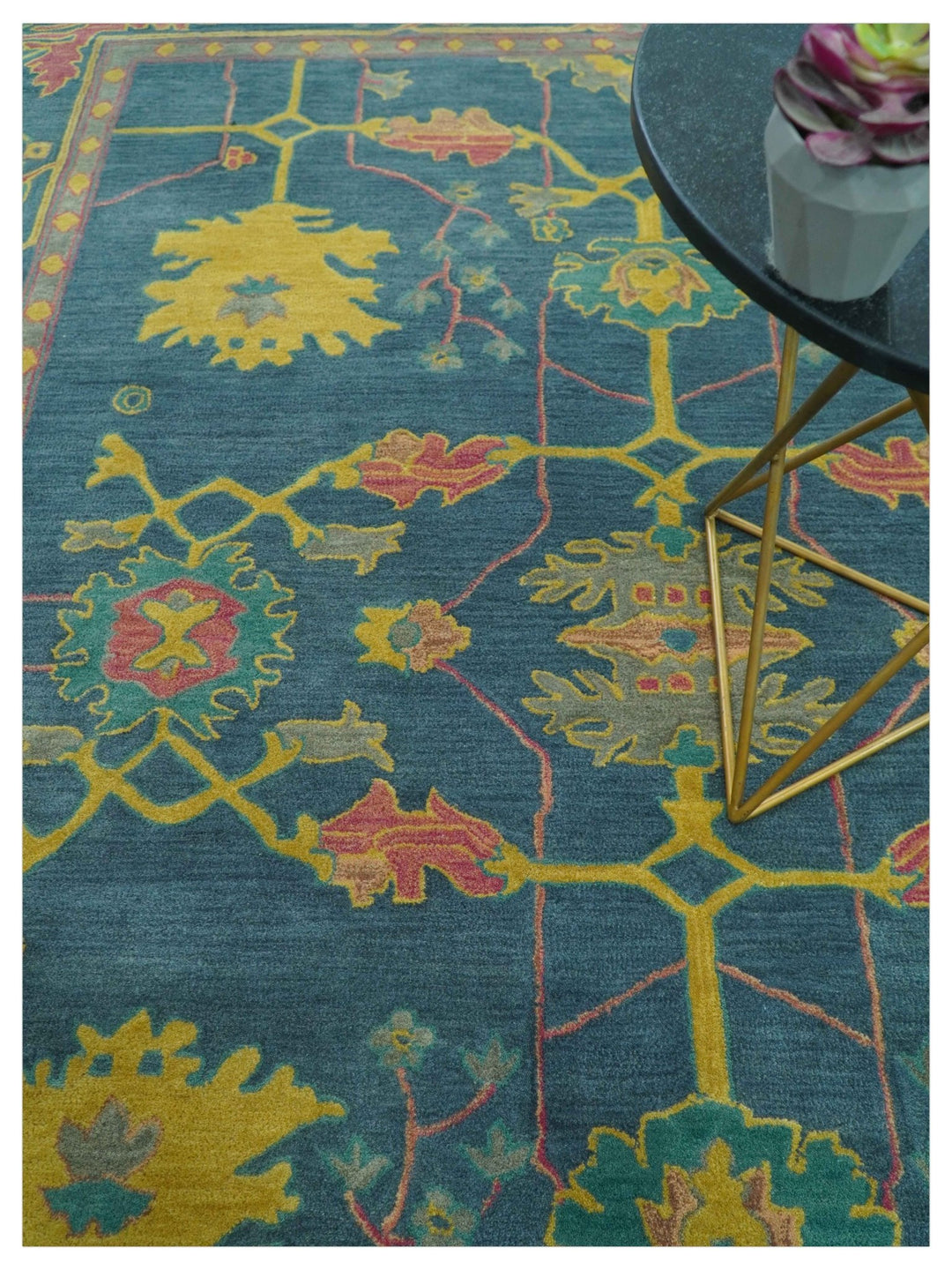 Custom Made Blue And Yellow Traditional Oushak Design Hand Tufted Wool Rug - The Rug Decor