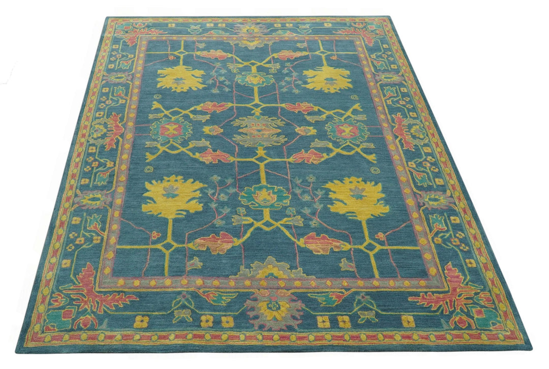 Custom Made Blue And Yellow Traditional Oushak Design Hand Tufted Wool Rug - The Rug Decor
