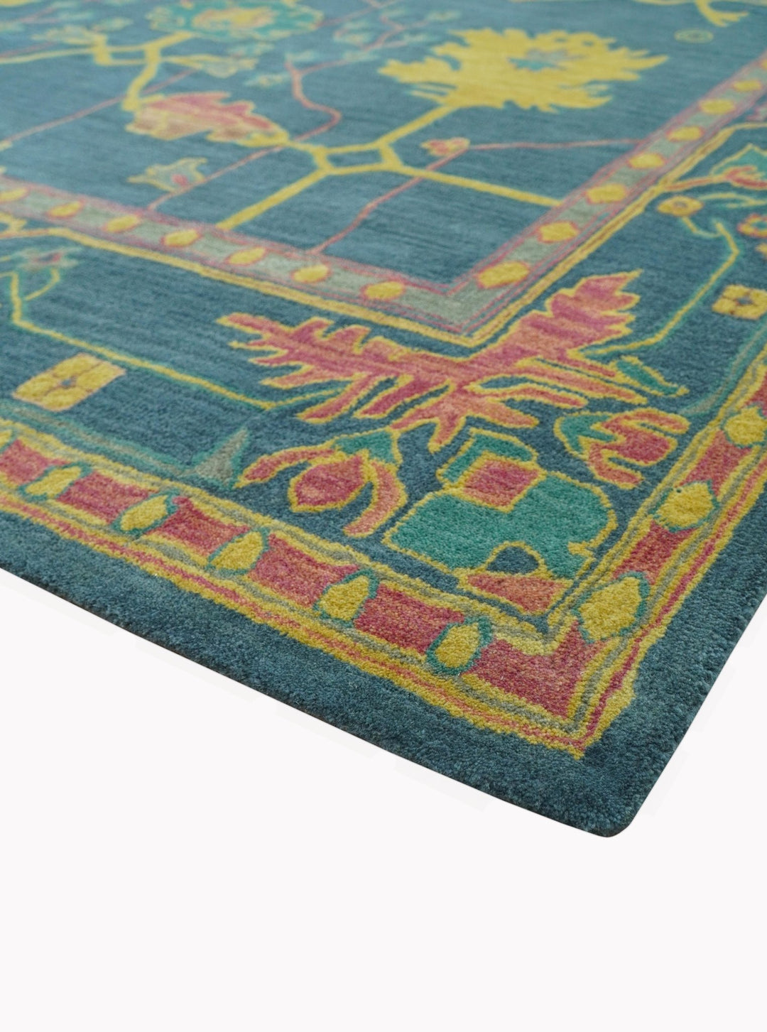 Custom Made Blue And Yellow Traditional Oushak Design Hand Tufted Wool Rug - The Rug Decor