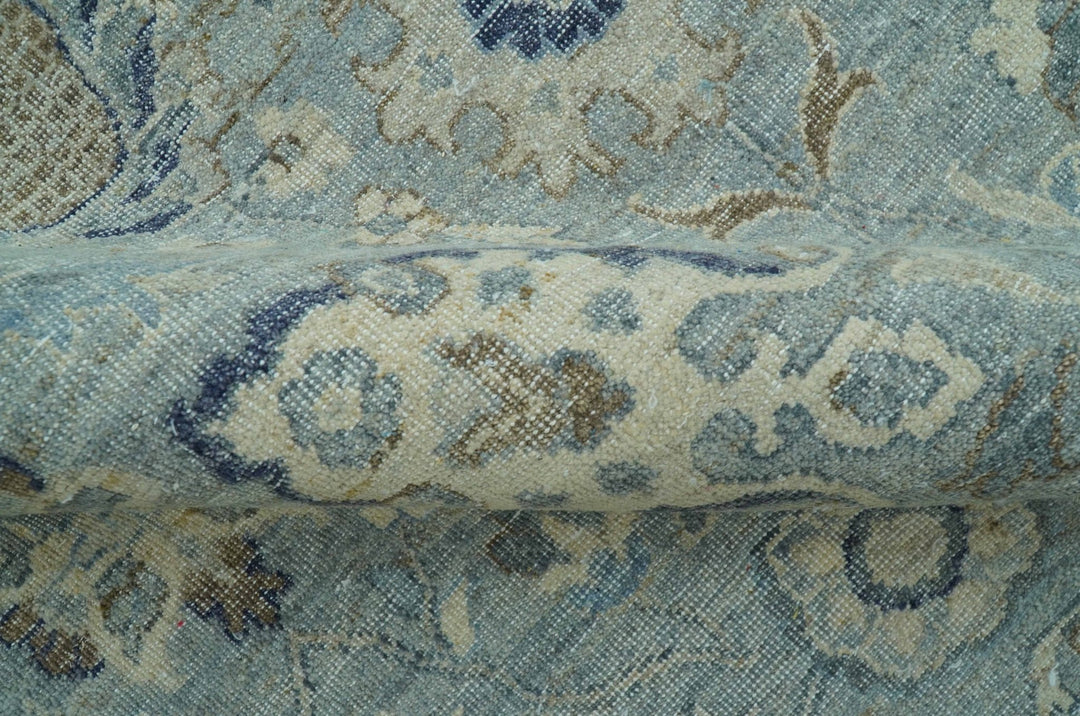 Custom Made Blue Traditional distressed design Hand knotted Wool Area Rug - The Rug Decor