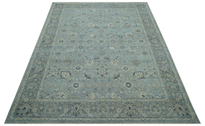 Custom Made Blue Traditional distressed design Hand knotted Wool Area Rug - The Rug Decor