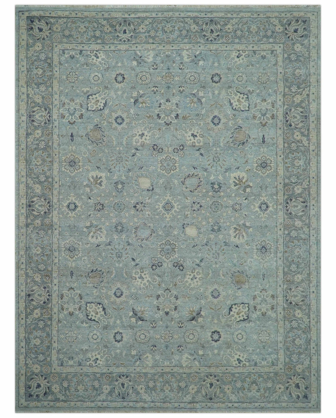 Custom Made Blue Traditional distressed design Hand knotted Wool Area Rug - The Rug Decor