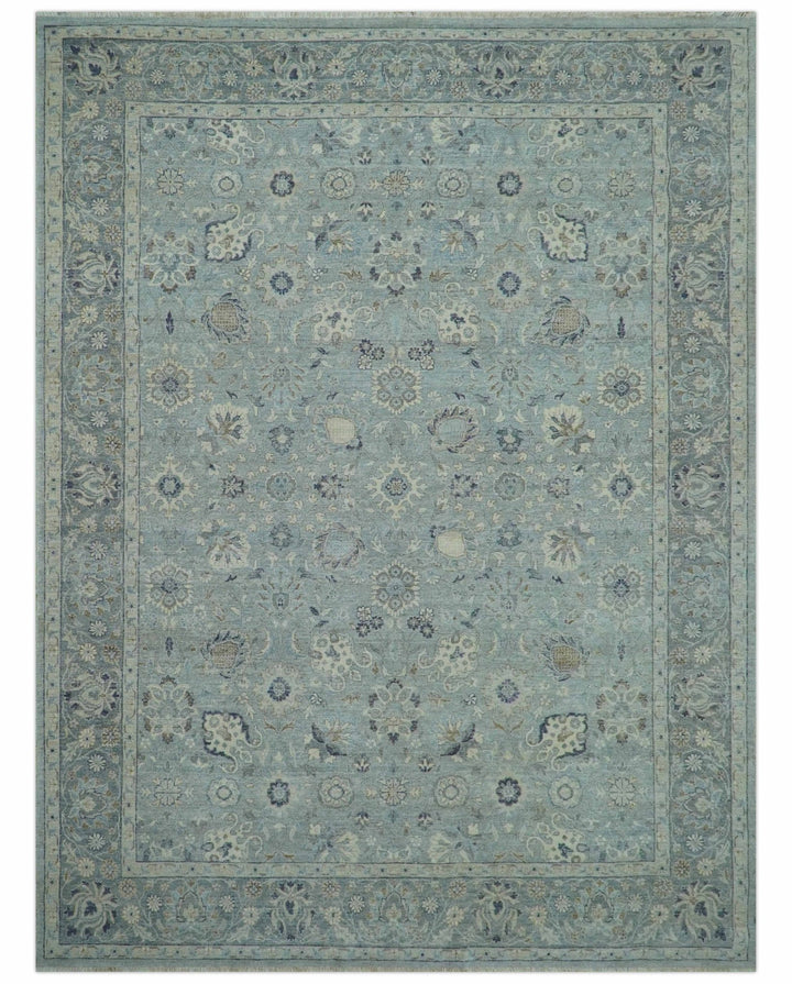 Custom Made Blue Traditional distressed design Hand knotted Wool Area Rug - The Rug Decor