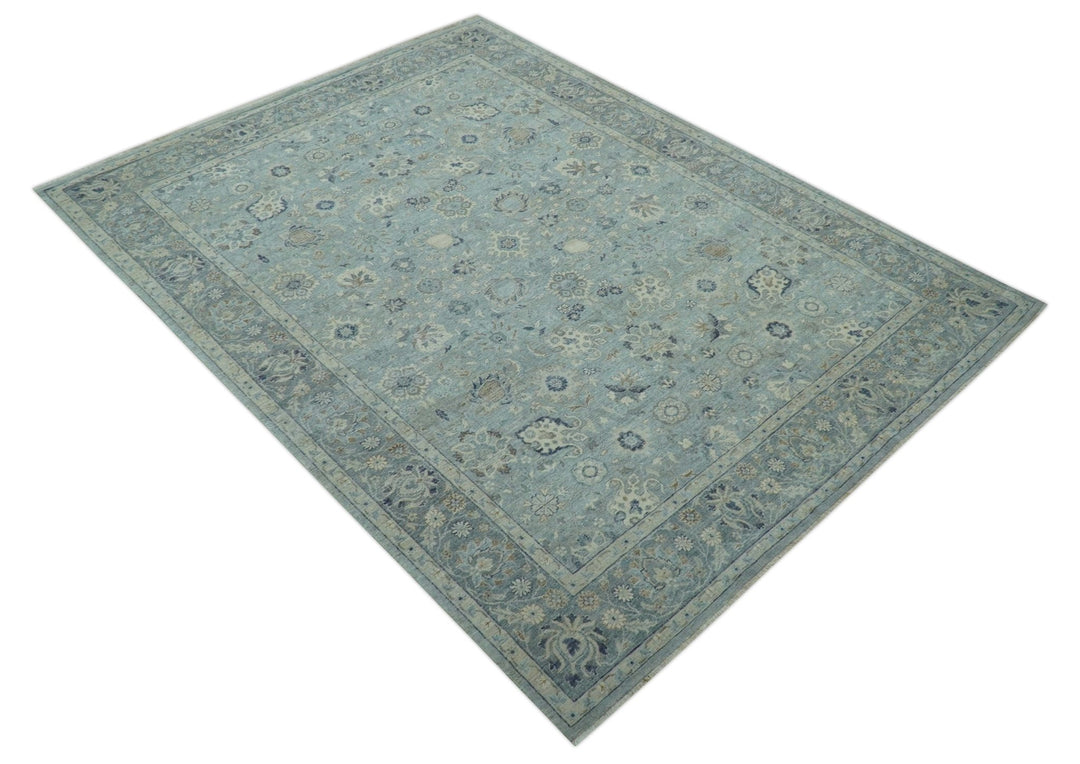 Custom Made Blue Traditional distressed design Hand knotted Wool Area Rug - The Rug Decor