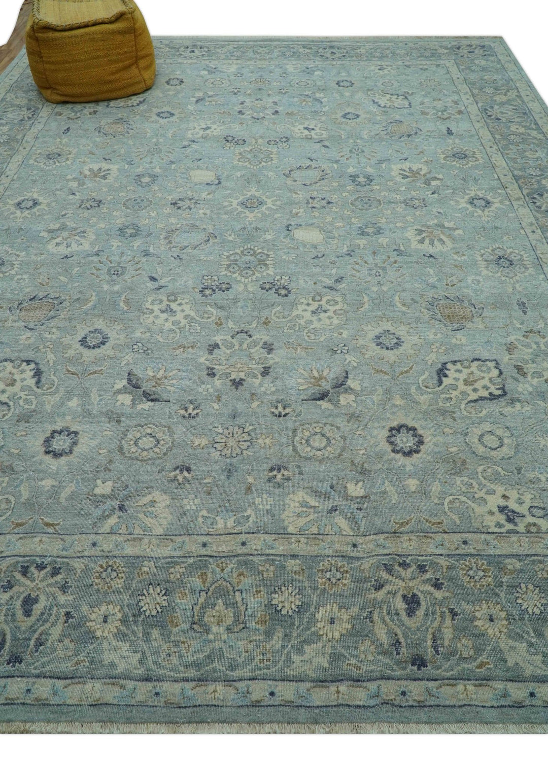 Custom Made Blue Traditional distressed design Hand knotted Wool Area Rug - The Rug Decor