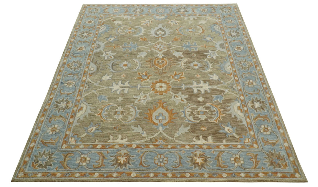 Custom Made Camel And Blue Traditional Oushak Design Hand Tufted Wool Area Rug - The Rug Decor