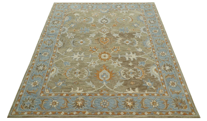 Custom Made Camel And Blue Traditional Oushak Design Hand Tufted Wool Area Rug - The Rug Decor