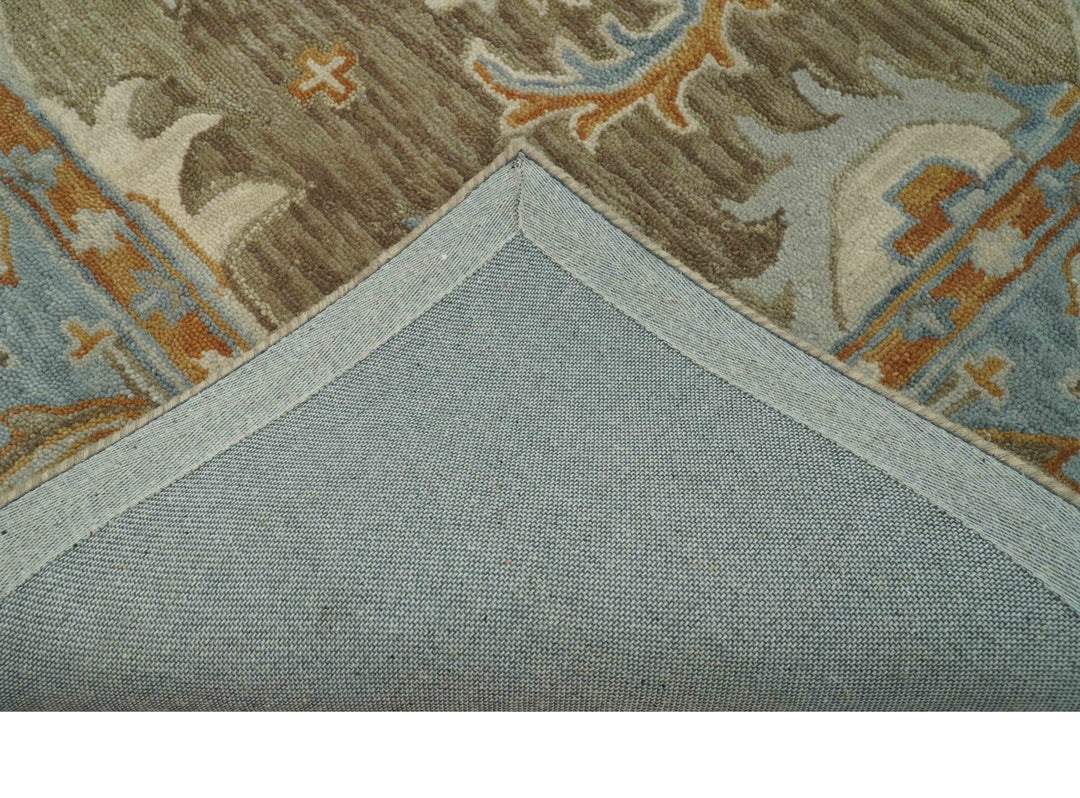 Custom Made Camel And Blue Traditional Oushak Design Hand Tufted Wool Area Rug - The Rug Decor