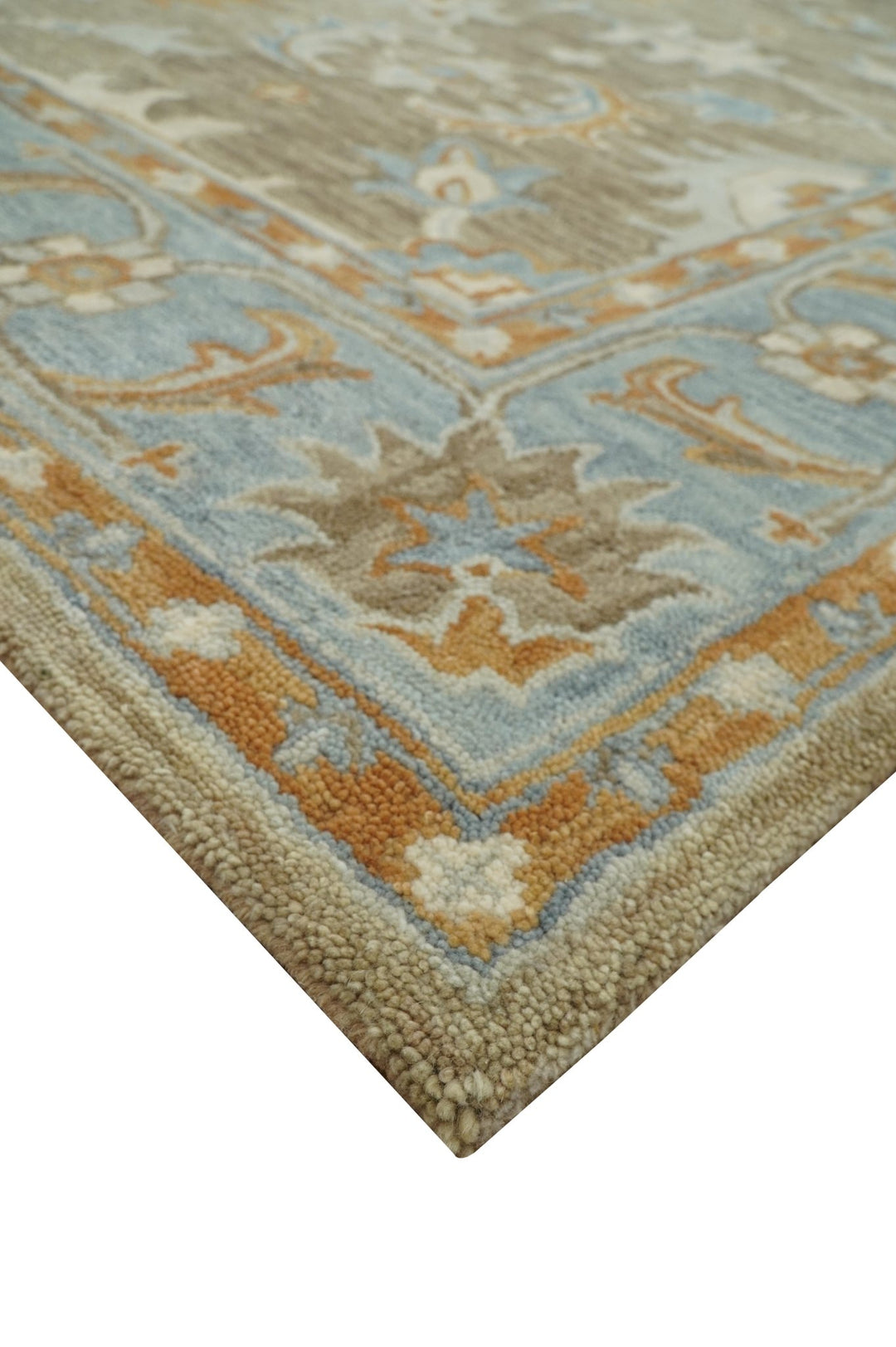 Custom Made Camel And Blue Traditional Oushak Design Hand Tufted Wool Area Rug - The Rug Decor