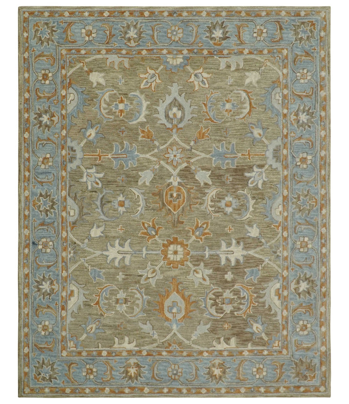 Custom Made Camel And Blue Traditional Oushak Design Hand Tufted Wool Area Rug - The Rug Decor