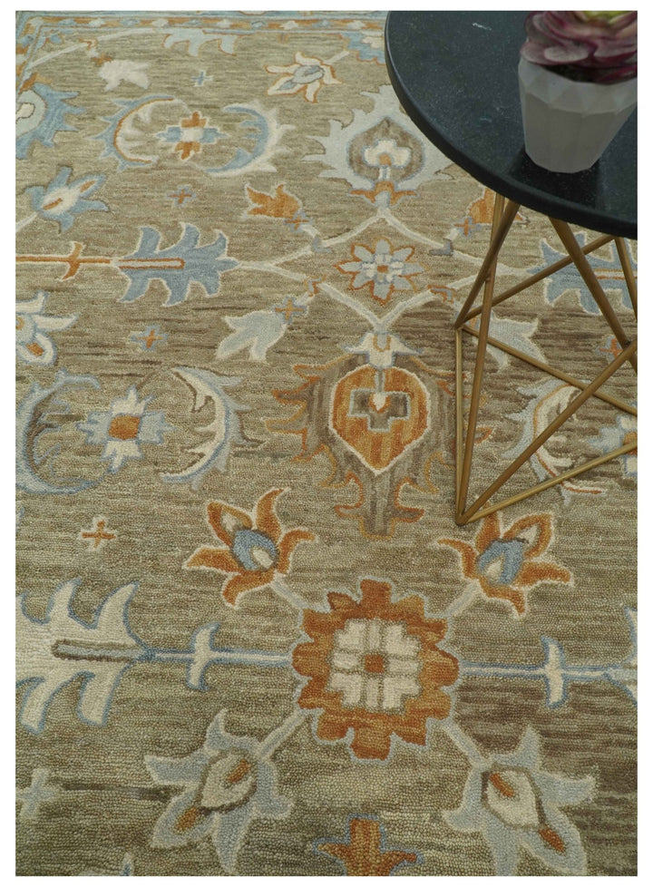 Custom Made Camel And Blue Traditional Oushak Design Hand Tufted Wool Area Rug - The Rug Decor