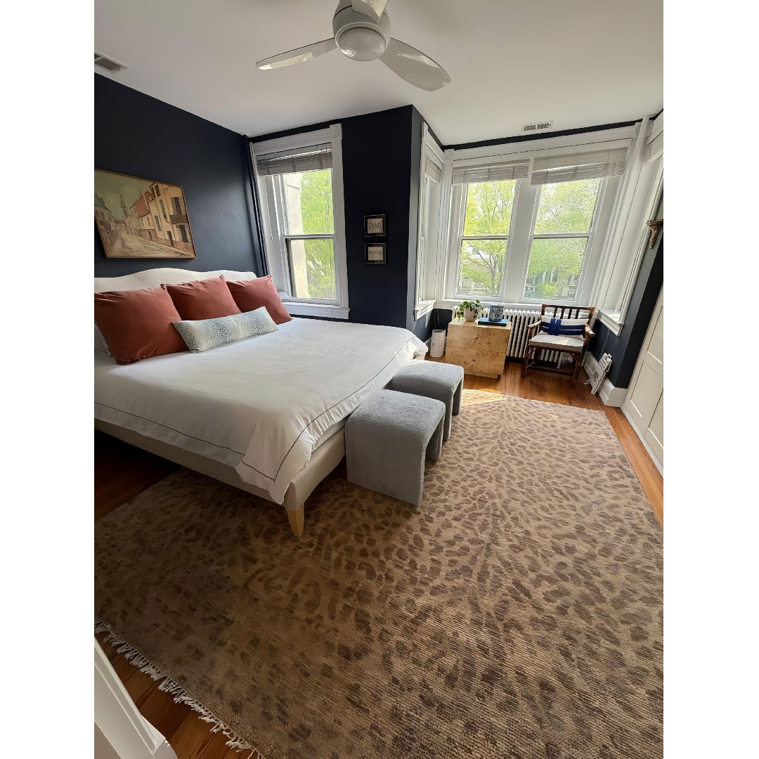 Custom Made Camel and Taupe Modern leopard Design Hand knotted wool area rug - The Rug Decor