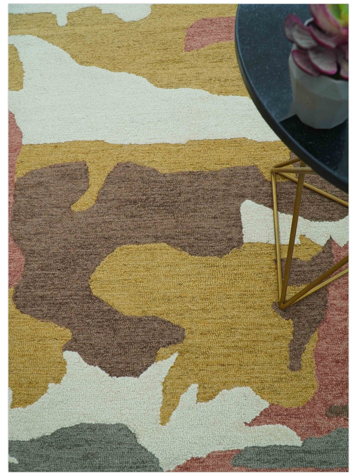 Custom Made Contemporary Abstract Ivory, Yellow And Rust Hand Tufted Wool Area Rug - The Rug Decor