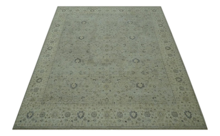 Custom Made Distress Finished Beige, Silver and Charcoal Traditional Wool Rug - The Rug Decor