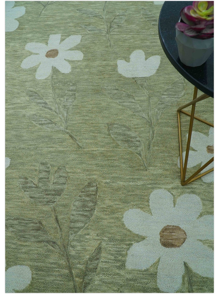 Custom Made Floral Olive Green Hand Tufted Wool Area Rug - The Rug Decor