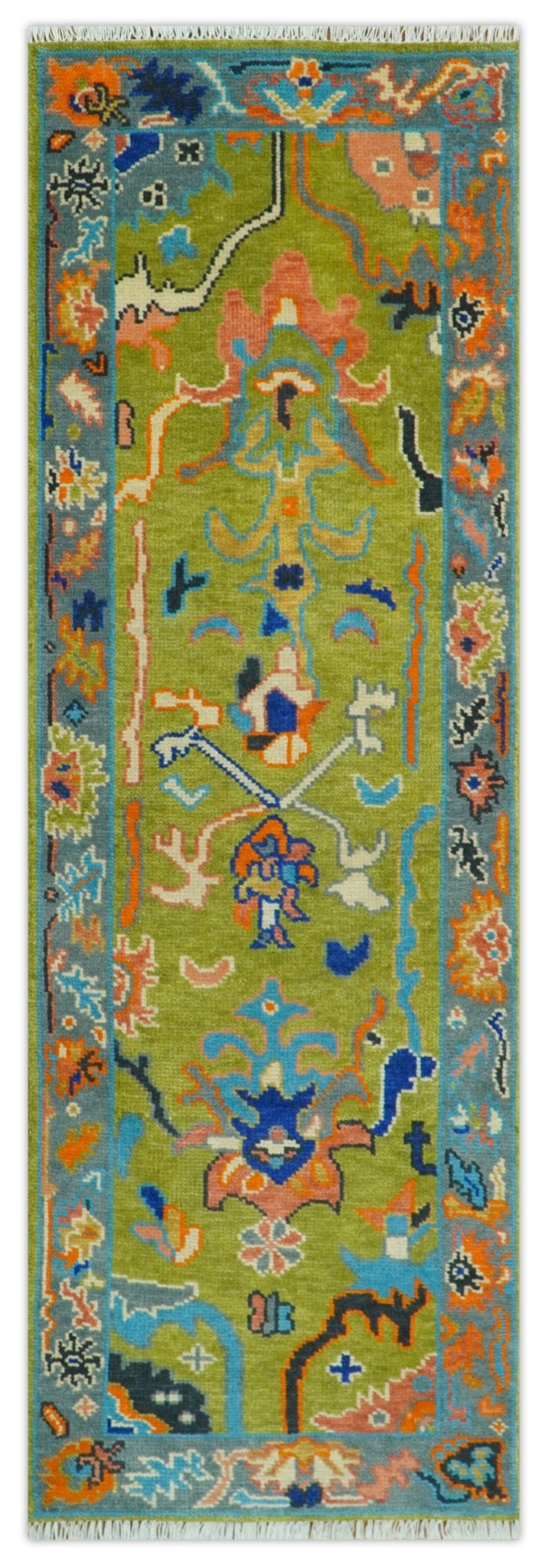 Custom Made Green, Gray and Peach Colorful Hand knotted Traditional Oushak wool Area Rug - The Rug Decor