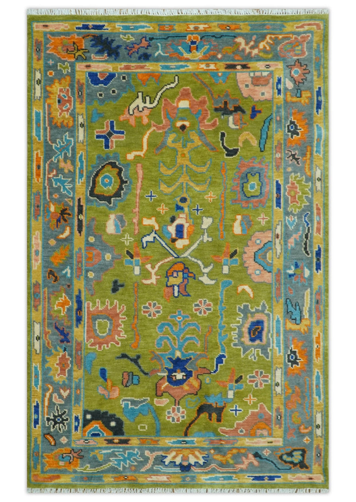 Custom Made Green, Gray and Peach Colorful Hand knotted Traditional Oushak wool Area Rug - The Rug Decor