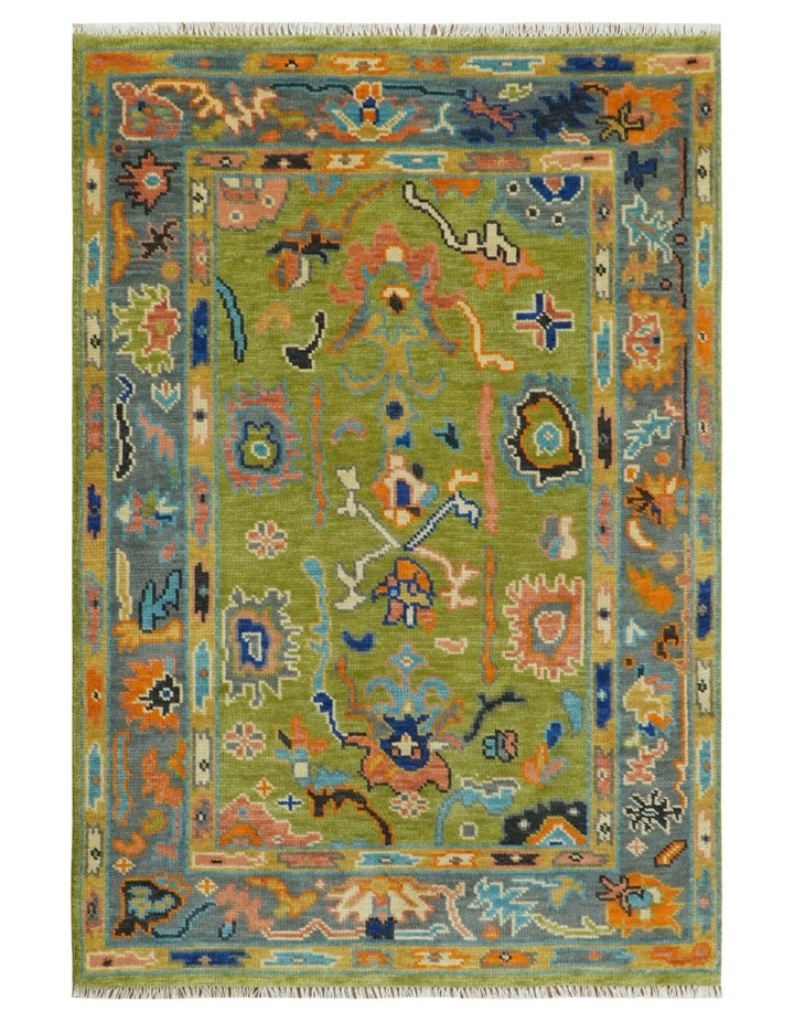 Custom Made Green, Gray and Peach Colorful Hand knotted Traditional Oushak wool Area Rug - The Rug Decor